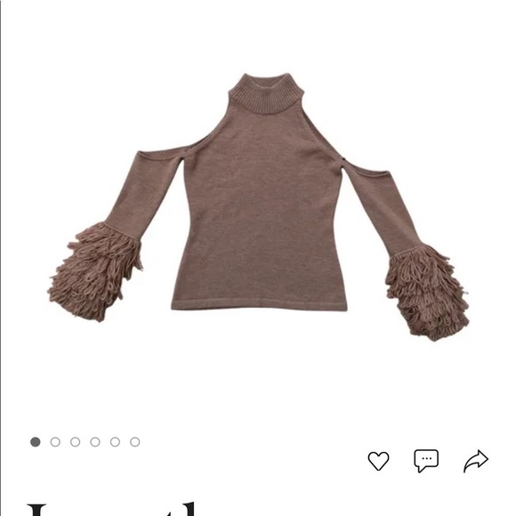 Brown net turtleneck sweater with cold shoulder and fringe cuffs - Picture 4 of 15